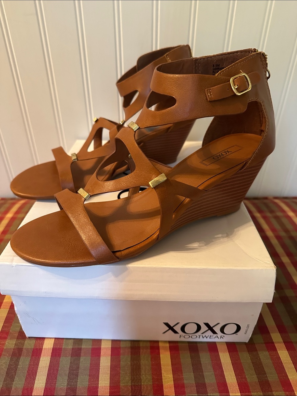 New XOXO Cognac Strappy Wedge Sandals with Ankle Buckle 8.5